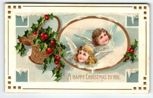 Christmas Postcard Cherub Angels Embossed Vintage 1911 Festive Basket Holly