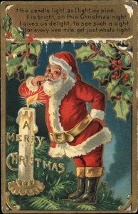 Christmas Santa Claus with Giant Candle Lights Pipe c1910 Vintage Postcard