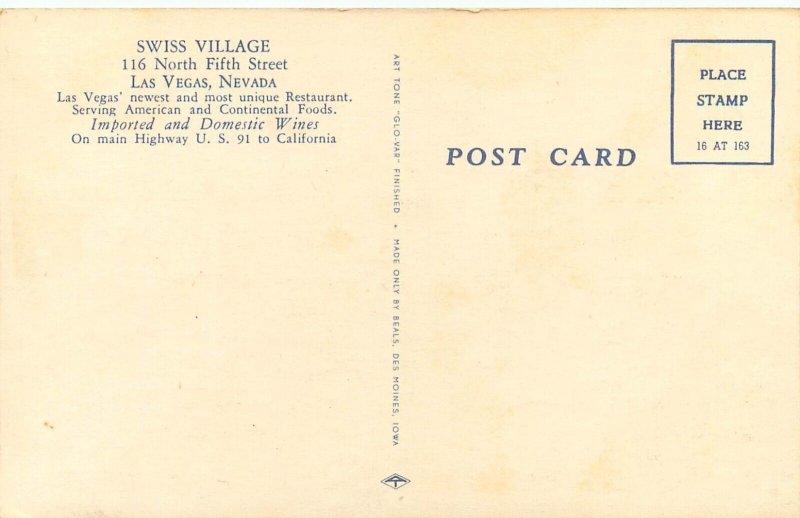 Linen Postcard; Swiss Village Restaurant, Old Las Vegas NV on Hwy 91, Unposted