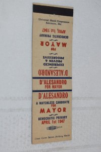 D'Alesandro for Mayor Democrat April 1, 1947, 20 Strike Matchbook Cover