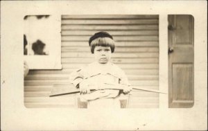 Little Boy Toy BB or Air Gun Rifle c1910 Real Photo Postcard