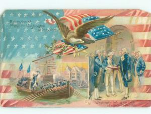 Pre-Linen Patriotic USA FLAG & WASHINGTON TAKES THE OATH AC0755