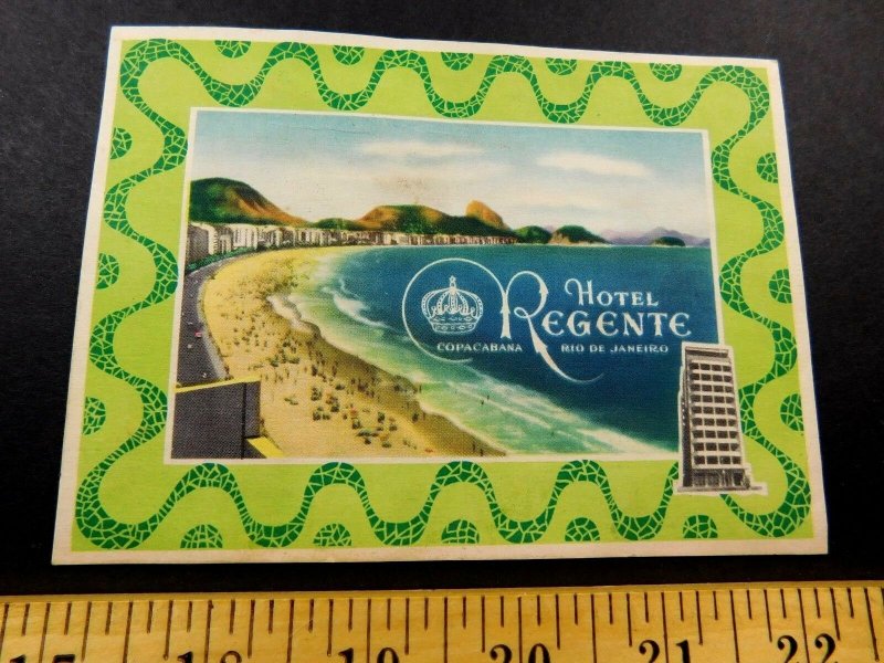 1940s Hotel Regente Rio De Janeiro Lovely Beach Travel Luggage Label Sticker