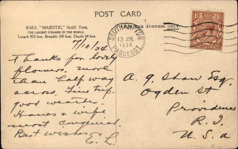 WHITE STAR LINE RMS Majestic Steamer Steamship Ship 1934 SHIP CANCEL Postcard
