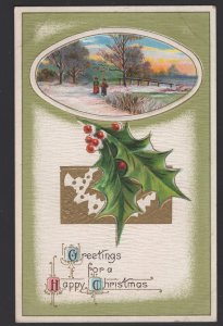 Greetings for a Happy Christmas with Winter Scene Holly embossed pm1913 ~ DB