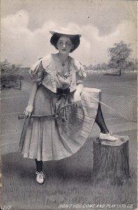 Beautiful Woman w Tennis Racket on Tennis Court, 1910's Edwardian American Girl