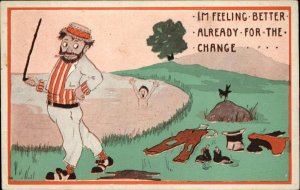 Hobo Comic Poor Man Steals Clothes From Man Swimming 1920s-30sPostcard