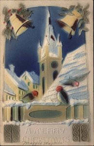 Christmas Church Bells Birds Airbrushed Embossed c1900s-10s Postcard