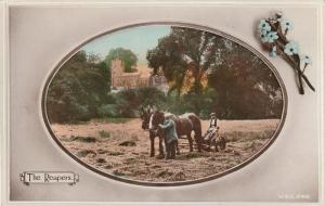 The Reapers, farming scene, UK, c. 1910s, rare tinted real photo postcard