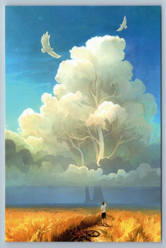 WORLD TREE Birds Fantasy Sky NATURE SALVATION Boy and Bike New Unposted Postcard