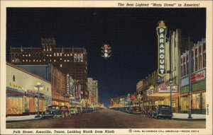 Amarillo Texas TX Polk Street Scene at Night Linen Vintage Postcard