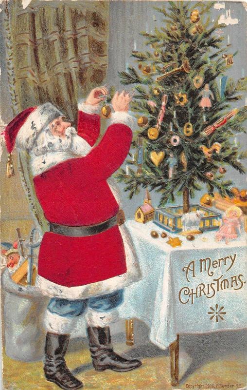 SANTA CLAUS Merry Christmas Holiday Postcard 1908 SILK SUIT Tree P. Sander 632