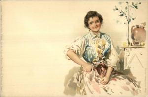 Beautiful Italian Woman & Jug Lithograph Louis Glaser Leipzig c1900 Postcard