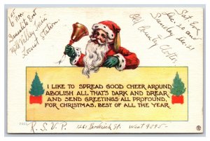 Santa Claus With Bell Christmas Greetings Arts and Crafts DB Postcard W7