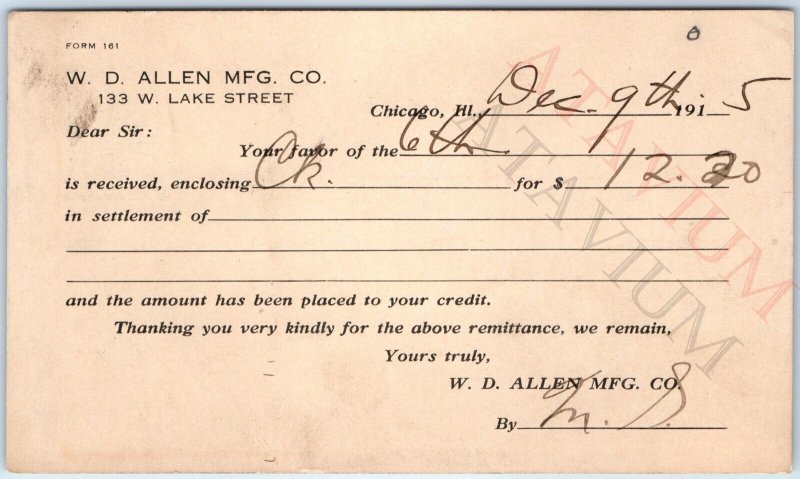 1915 Chicago, IL WD Allen Mfg Payment Invoice Receipt Form Postcard W.D ILL A169