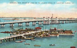 Vintage Postcard 1930's Municipal Dock Bridge of Lions St. Augustine Florida