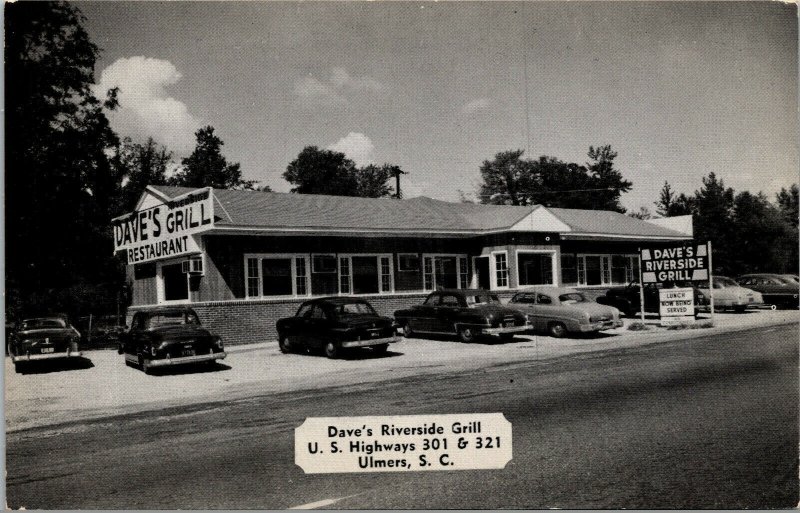 Vtg 1950s Dave's Riverside Grill Old Cars Ulmers South Carolina SC Postcard