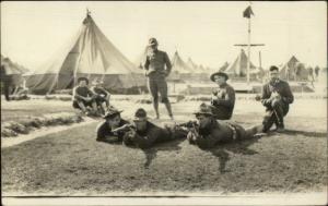 US Army Soldiers Rifle Range Aiming Guns  CRISP Real Photo Postcard c1910