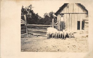 H74/ Interesting RPPC Postcard c1910 Pig Hog Farmer Barn Occupational 201