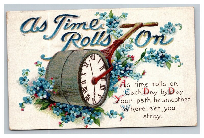 Vintage 1911 New Year's Postcard Blue Flowers Hand Roller Clock Nice Poem