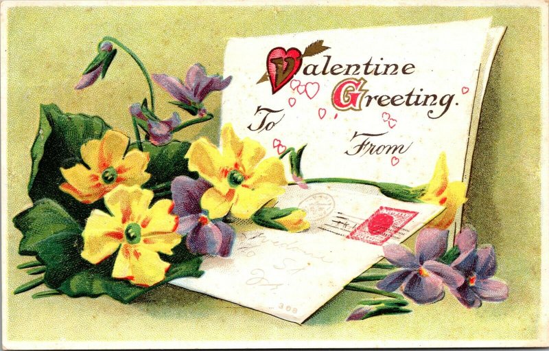 Vintage EMBOSSED ST. VALENTINE'S GREETING Postcard YELLOW Flower HEART 