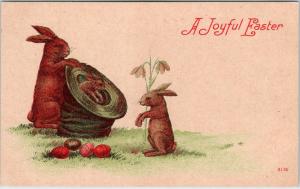 EASTER   GREETING   c1910s  BUNNIES  HAT &  EGGS    Postcard