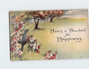 Postcard Here's a Blue-bird for Happiness with Bird Flowers Trees Art Print