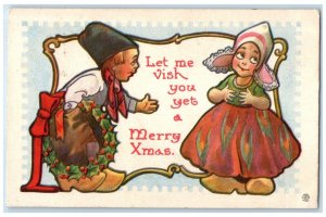 1913 Christmas Dutch Kids Holly Berries Whreat Barrington Illinois IL Postcard