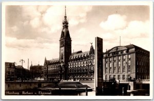 VINTAGE POSTCARD REAL PHOTO RPPC HAMBURG GERMANY CITY HALL AND CENOTAPH c. 1950s