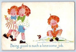 1912 Children Being Good Is Such A Lonesome Job Sad Boy Antique Postcard