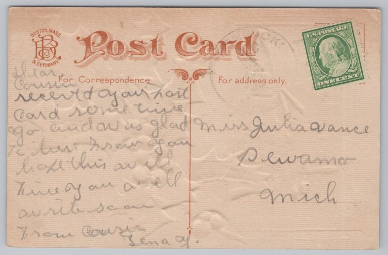 Holiday~Merry Christmas~Windmill Scene & Holly Berries~Embossed~Vintage Postcard