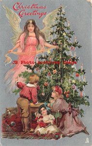 Christmas, Tuck No 136-1, Angel Watching Children Admire Decorated Tree