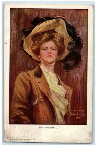 1914 Pretty Woman Big Hat Tomorrow Signed Bouleau Astoria OR Antique Postcard