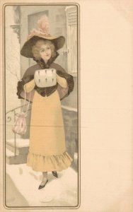 Art Nouveau Lady Dressed Warm Winter Vintage Postcard 08.31