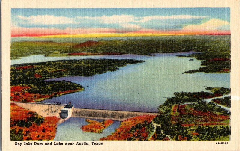 Aerial View Roy Inks Dam and Lake Near Austin TX Vintage Postcard L54 