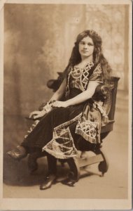 RPPC Long Hair Gypsy Woman Ornate Dress Seated Studio Portrait Postcard A21