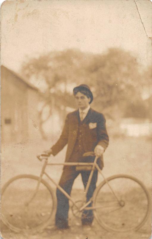 F37/ Interesting Real Photo RPPC Postcard Man with Bicycle Bike c1910   2