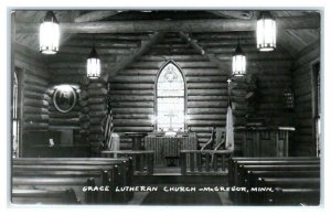 RPPC McGREGOR, MN ~ Rustic Log GRACE LUTHERAN CHURCH c1950s Aitken County