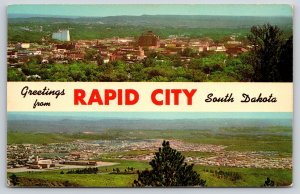 Banner Greeting~Rapid City South Dakota~Downtown From Dinosaur Park~'63 Postcard
