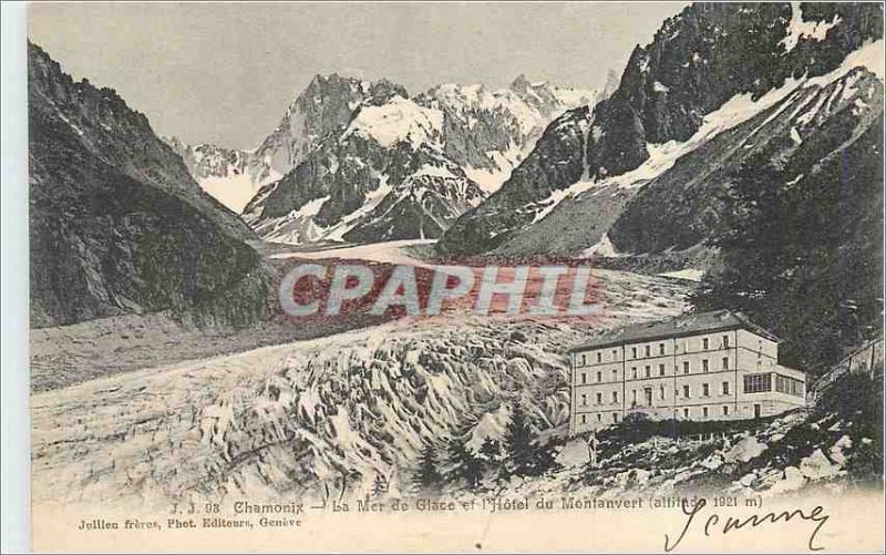 Old Postcard Chamonix La Mer de Glace and the Montanvert Hotel (altitude 1821 m)