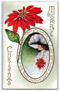 Clifton Spring NY Postcard Christmas Pretty Woman Poinsettia Flowers Embossed