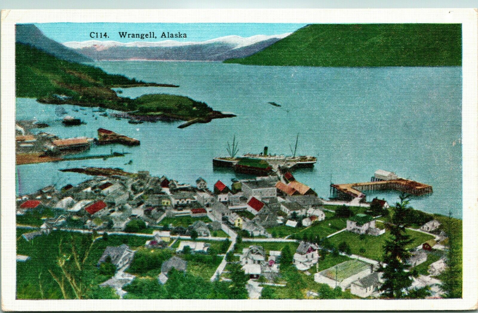 Wrangell Alaska Al Port Vue Avec Navires Quais Neuf Unp Vtg Lin Carte