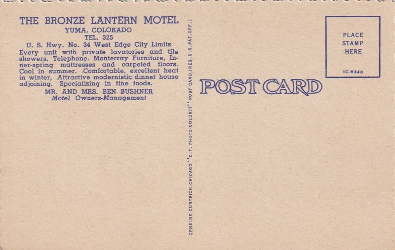 Bronze Lantern Motel Yuma Colorado CO Postcard D03