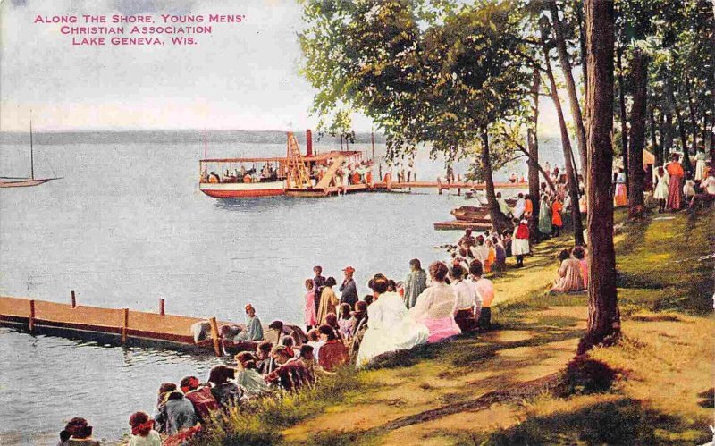 Steamer Landing YMCA Camp Shore Crowd Lake Geneva Wisconsin 1910c postcard