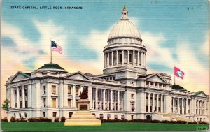 State Capitol Little Rock Arkansas AR Sunset Dome Flags Linen Postcard VTG UNP  