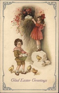 EASTER GREETINGS Chlidren Gather Eggs & Chicks c1910 Postcard