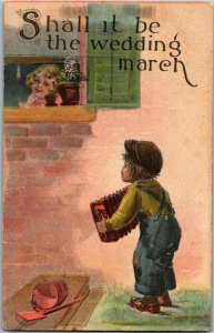 Boy Plays Accordion for Girl Shall It Be the Wedding March c1914 Postcard E14