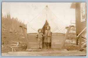 c1910's Cowgirl Cowboy Camp Children House Scene RPPC Photo Antique Postcard