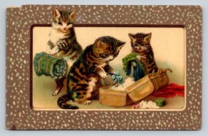 Vintage Embossed Postcard Tabby Kittens Packing Suitcase Germany 110