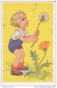 Blond Girl in Blue Overalls Holding Large Dandelion Bloom 1920-40s